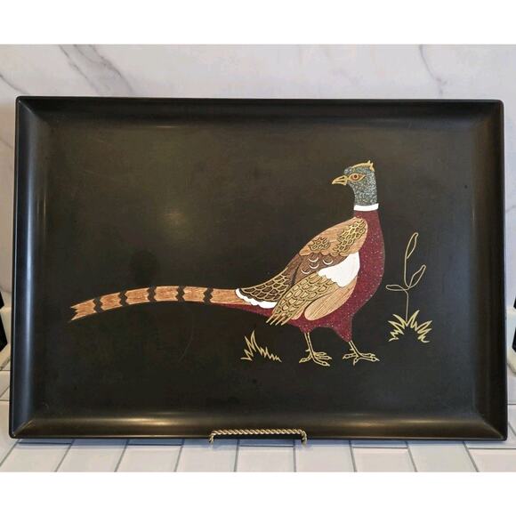 Vintage Couroc Tray Pheasant Bird Inlaid Mixed Media 18" X 12½" X 1" MCM GUC - Picture 4 of 12